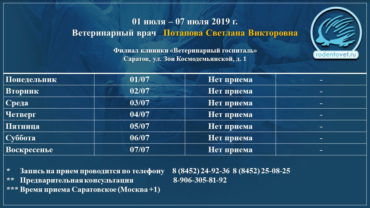 Потапова С.В. в отпуске с 28.06 по 08.07. 2019 г.